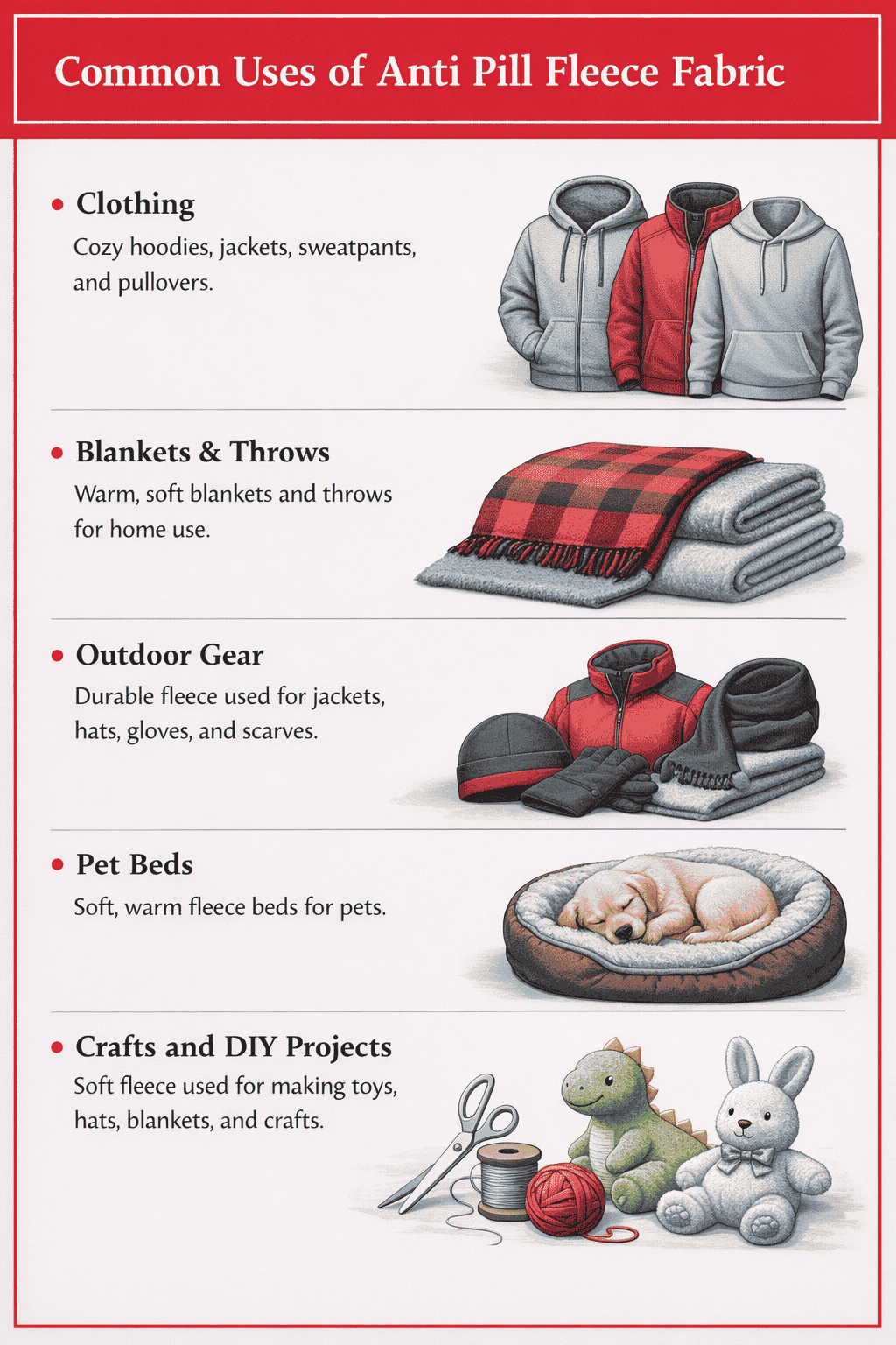 Illustration of common uses of anti-pill fleece fabric