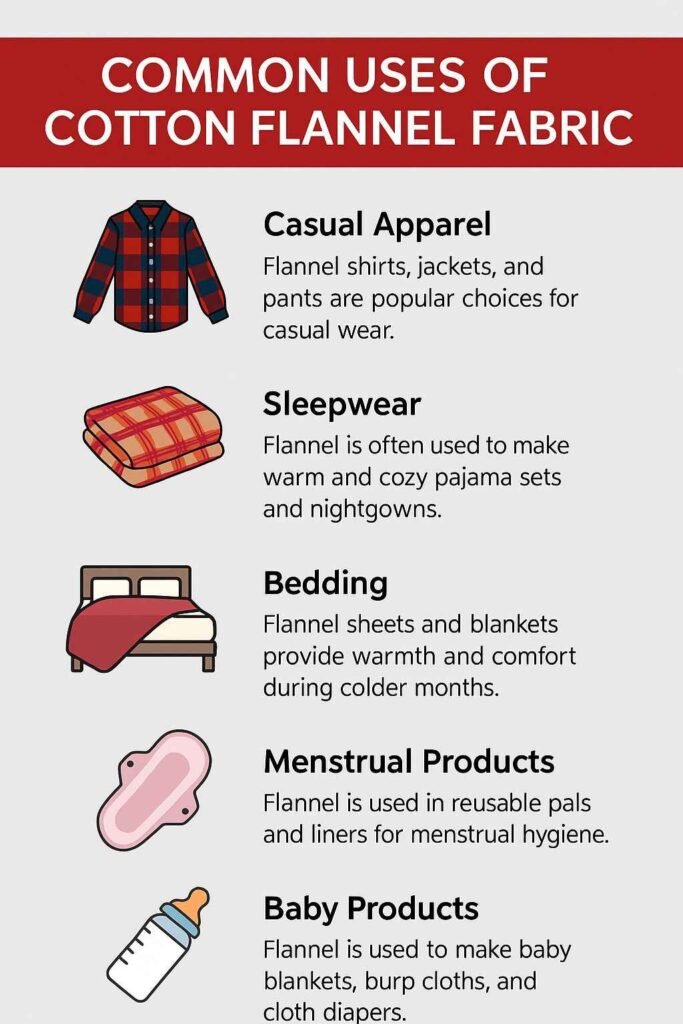 Infographic showing common uses of cotton flannel fabric