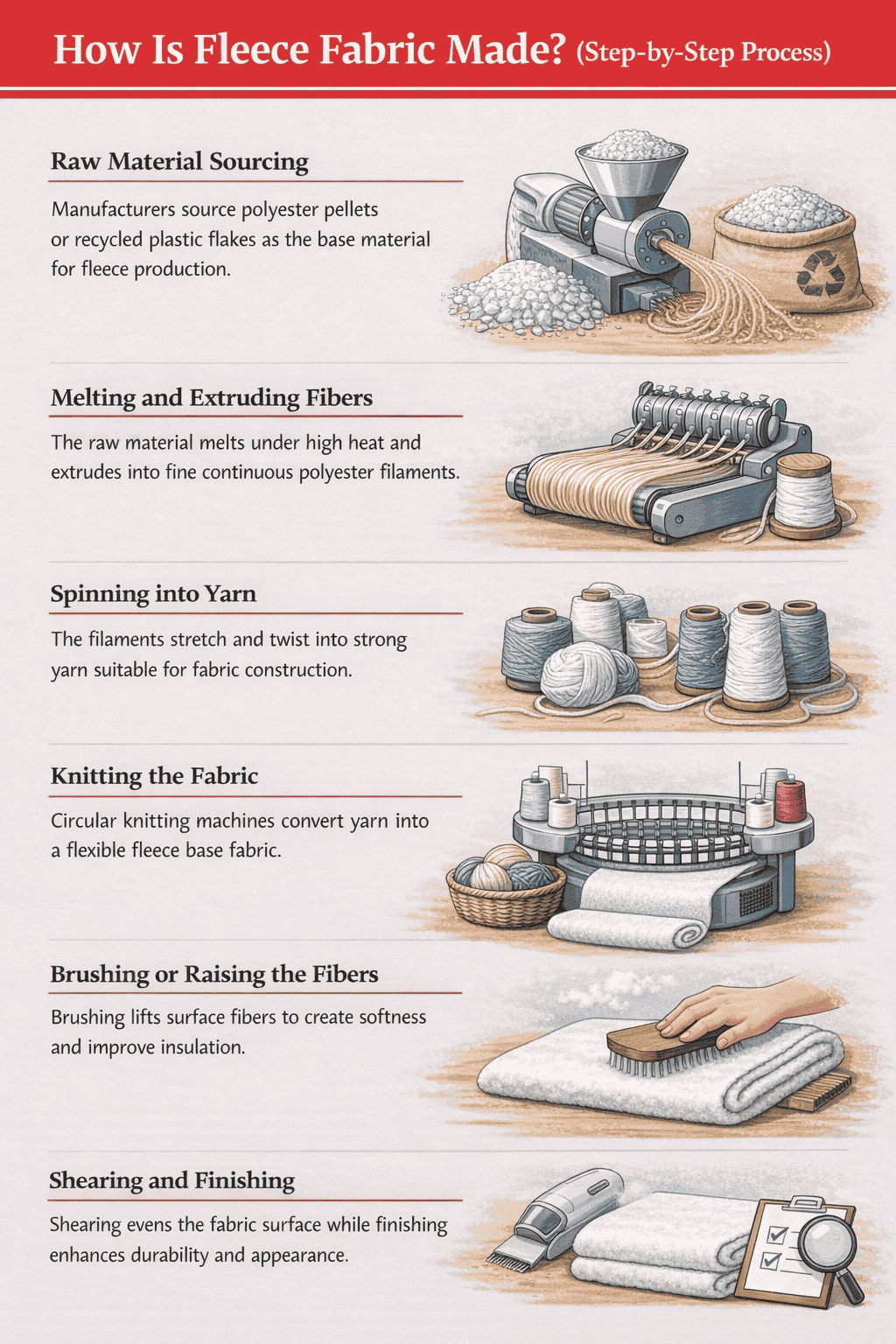 Step-by-step process showing how fleece fabric is made from raw material to finished fabric.
