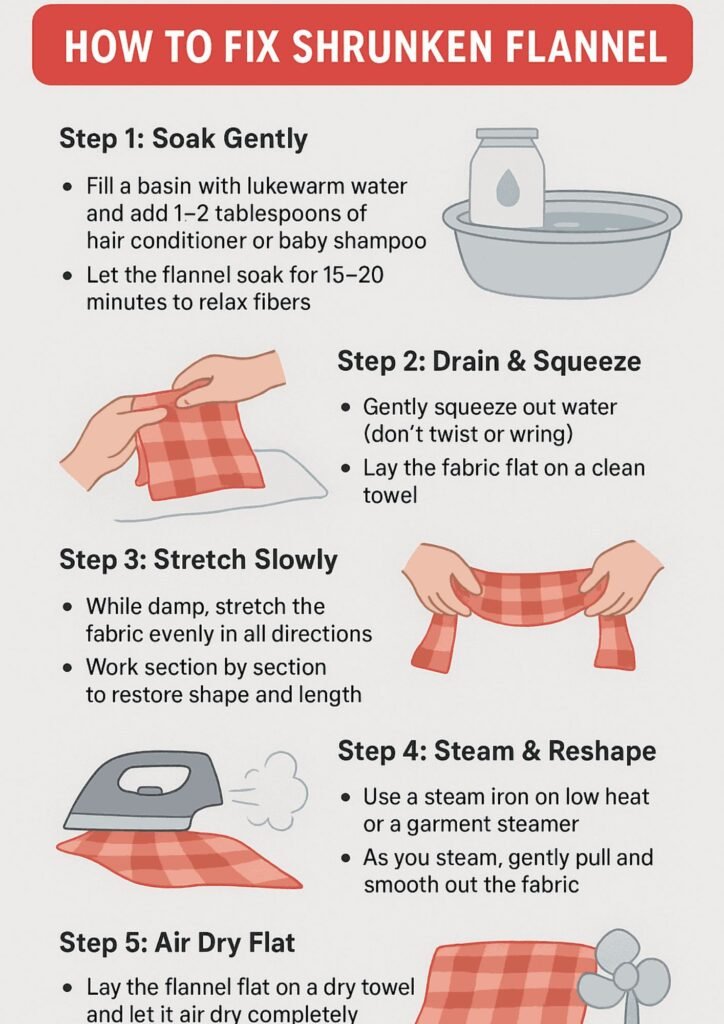 Infographic showing step-by-step methods to fix shrunken flannel fabric.