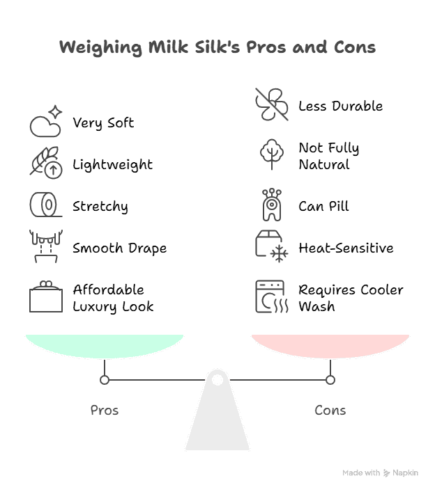 Pros and cons of milk silk fabric illustrated with a scale.