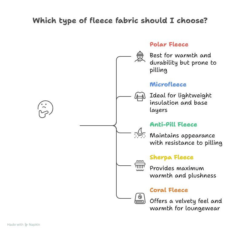Visual guide on different types of fleece fabric and their features.
