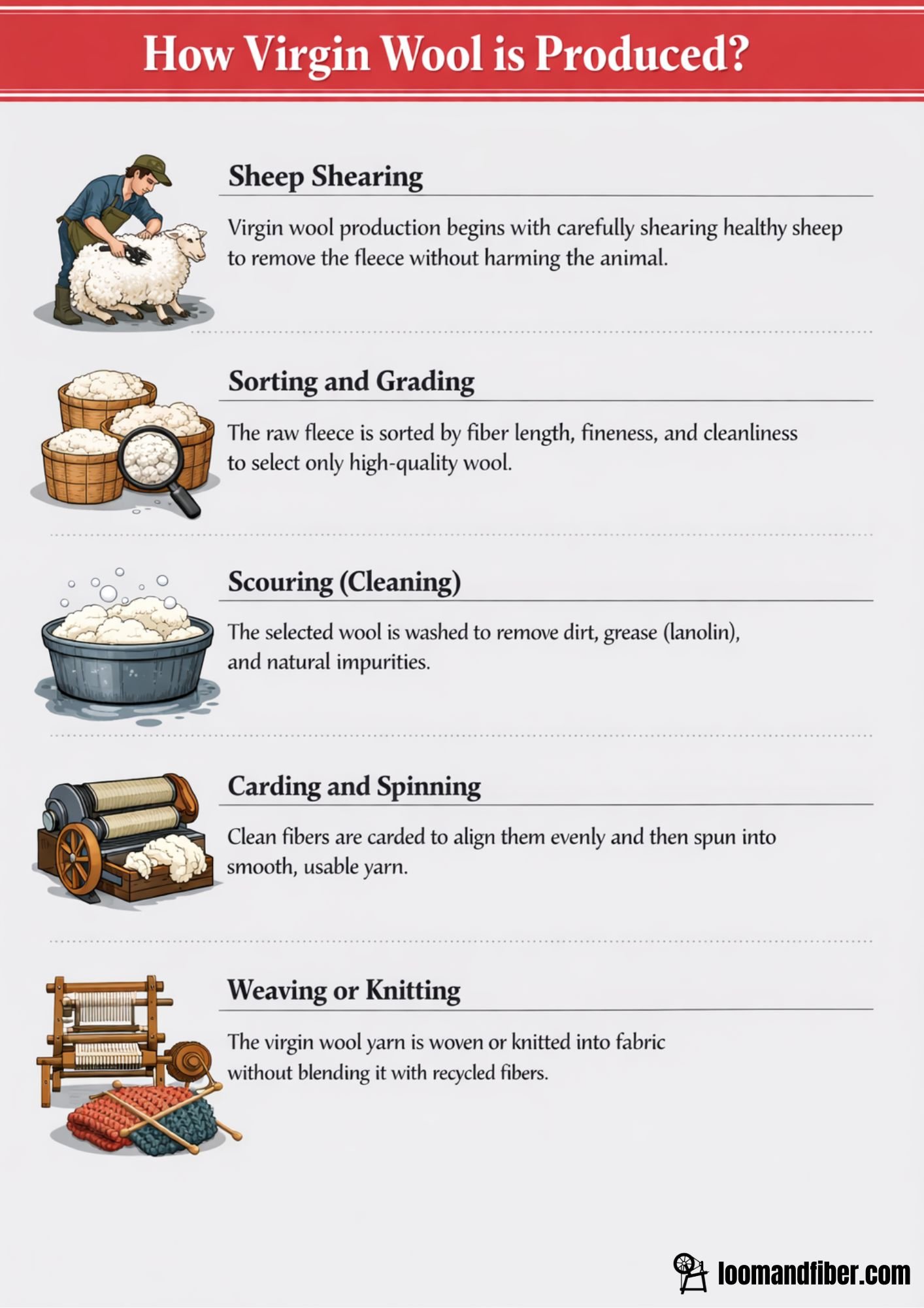 Infographic showing the step-by-step process of virgin wool production.