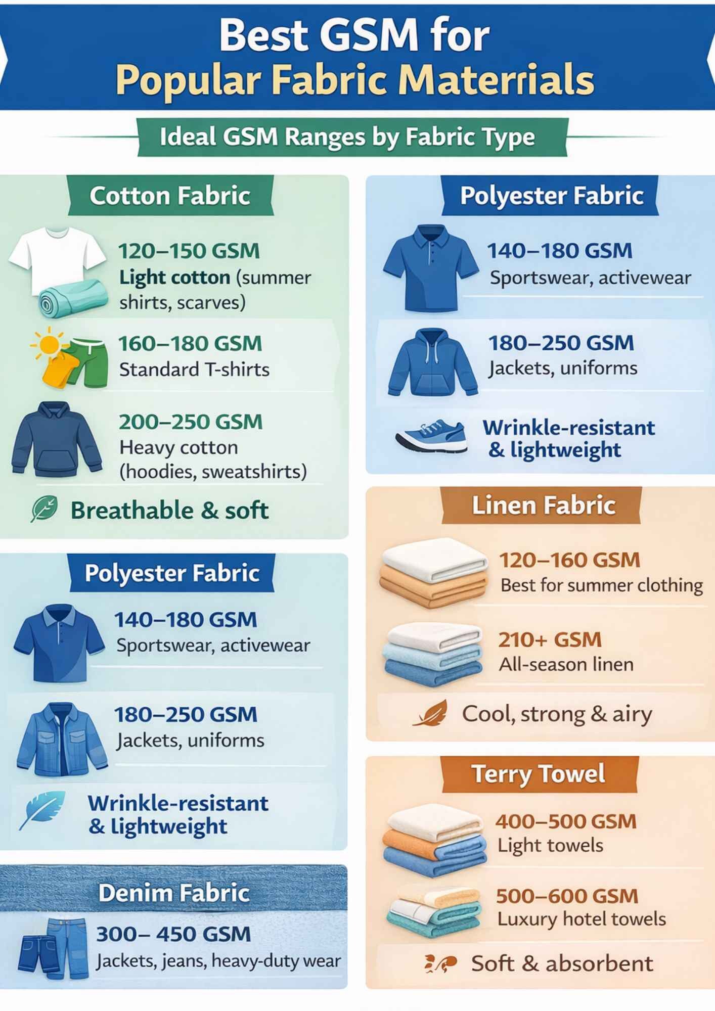 “Best GSM ranges for cotton, polyester, linen, denim, and terry towel fabrics.”