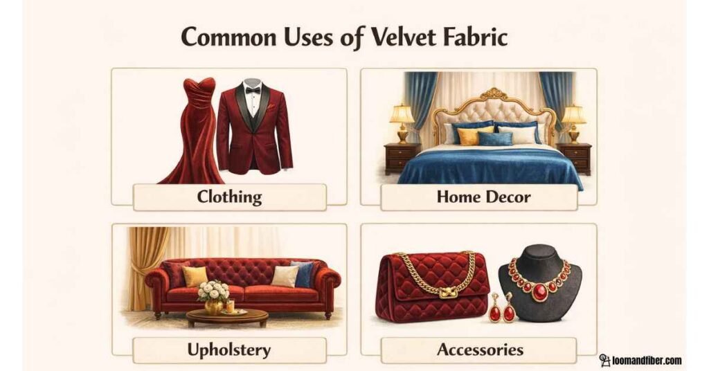 Infographic showing common uses of velvet fabric