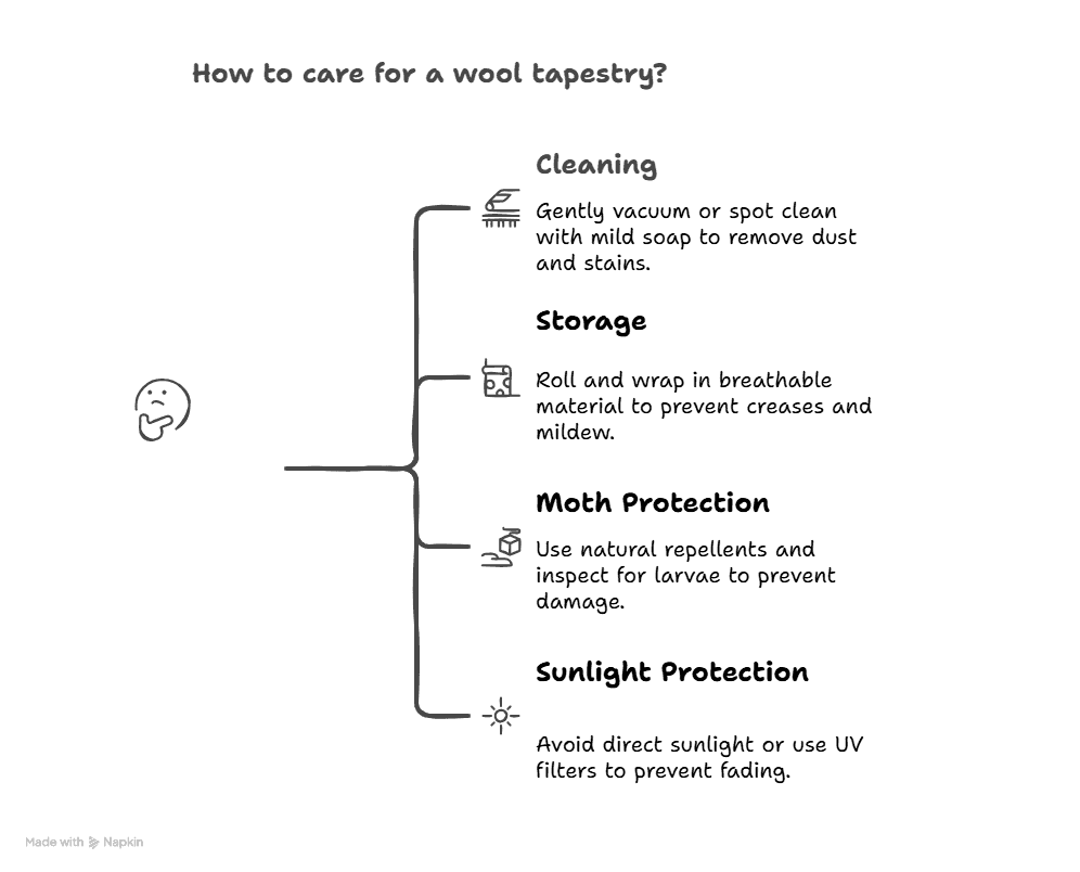 An infographic detailing how to care for a wool tapestry