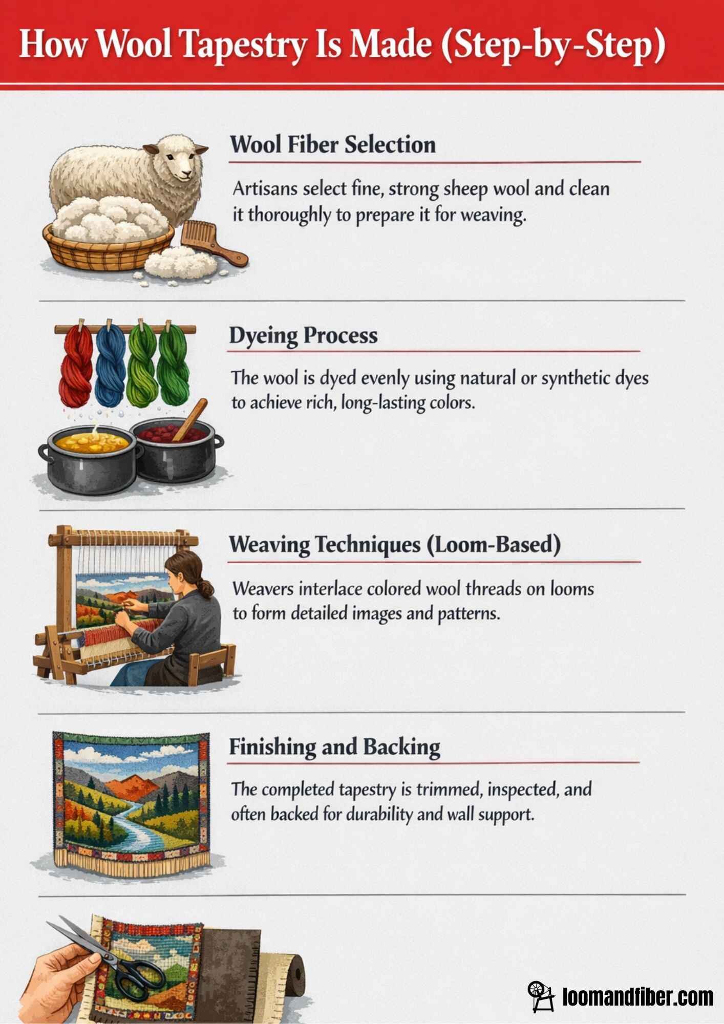 An infographic showing the step-by-step process of making wool tapestry