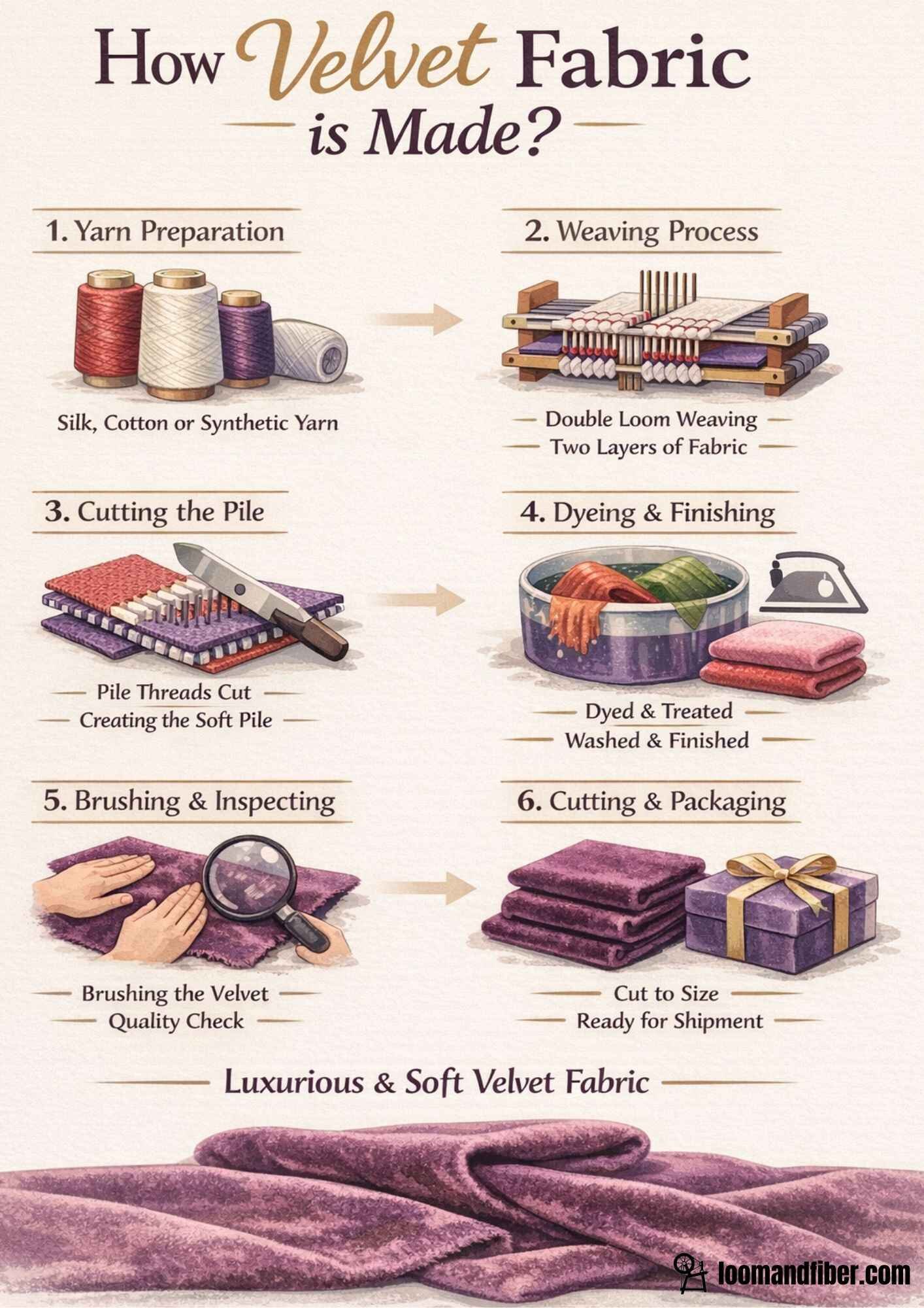 Steps of how velvet fabric is made, from yarn preparation to packaging.