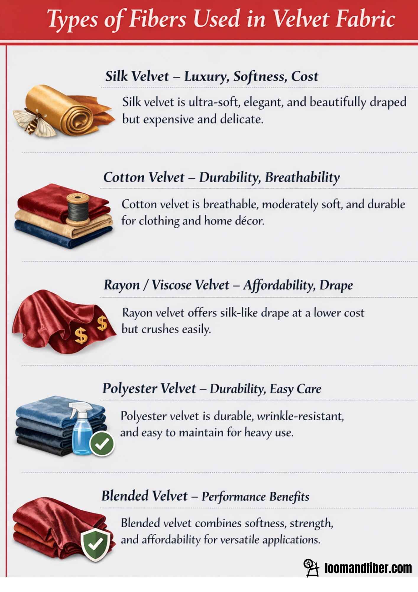Types of fibers used in velvet fabric: silk, cotton, rayon, polyester, and blended velvet.