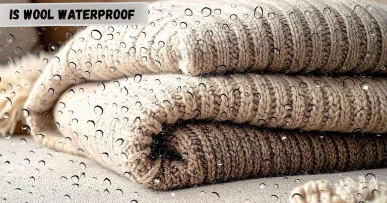 Close-up of a wool sweater with water droplets, asking "Is wool waterproof?"