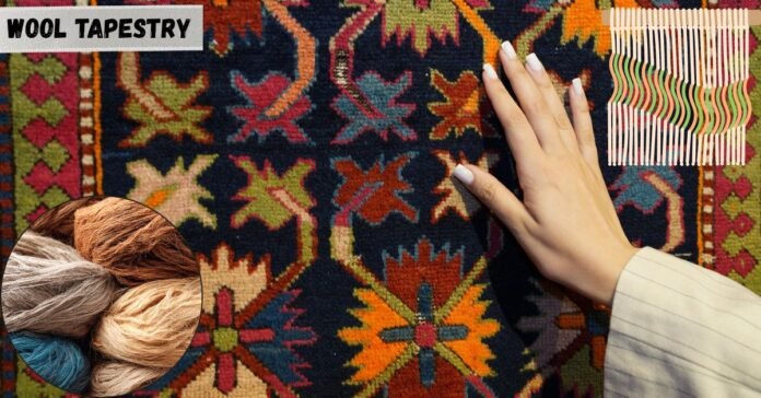 A hand gently touches a wool tapestry with colorful patterns, with wool fibers in a circular inset.