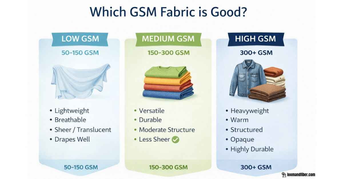 Which GSM fabric is good infographic showing low, medium, and high GSM fabric types