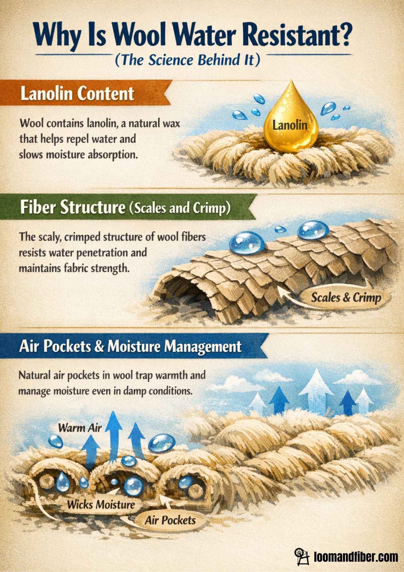 Diagram explaining the science behind wool's water resistance