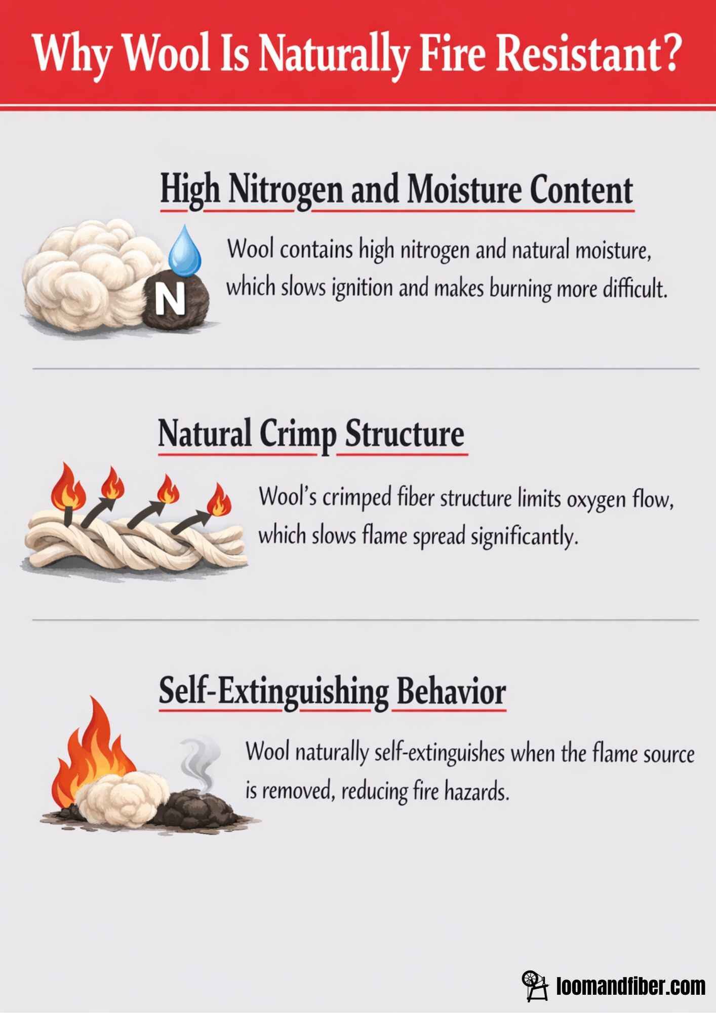 Infographic showing why wool is naturally fire resistant