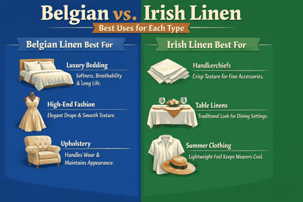 Infographic comparing Belgian vs. Irish linen best uses for bedding, fashion, home, and clothing