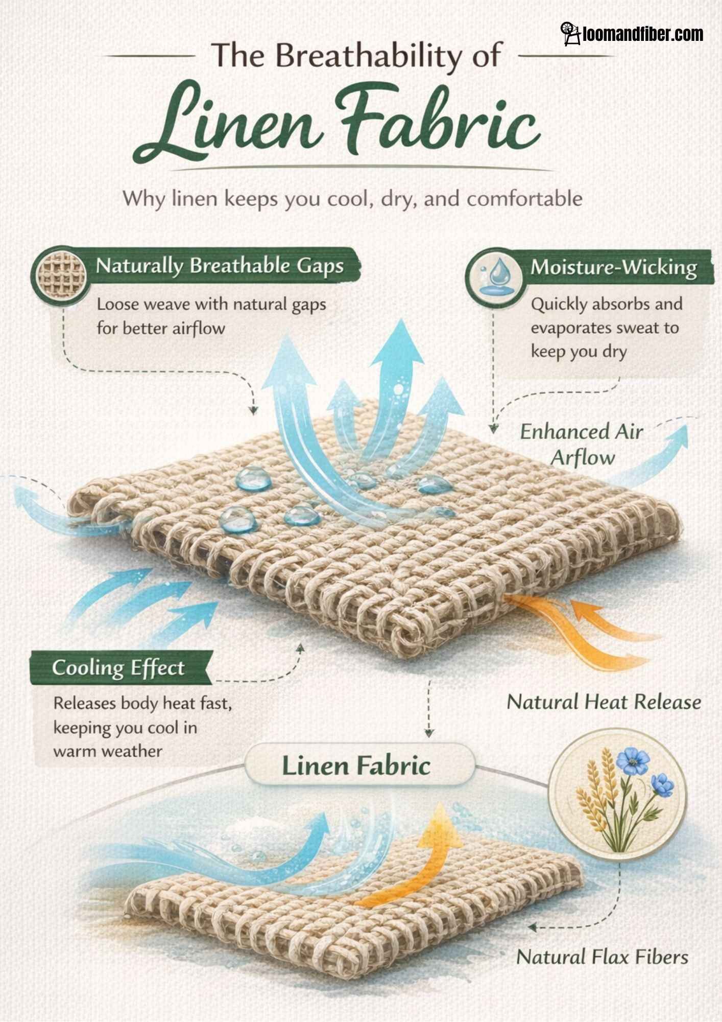 Infographic showing how linen fabric allows airflow, releases heat, and wicks moisture.
