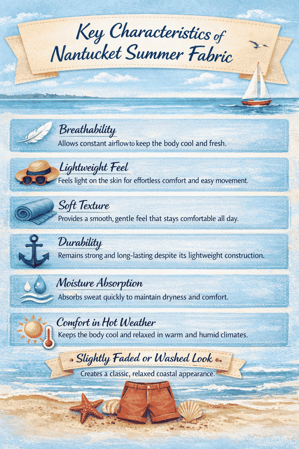 Key characteristics of Nantucket summer fabric showing breathability, lightweight feel, and comfort