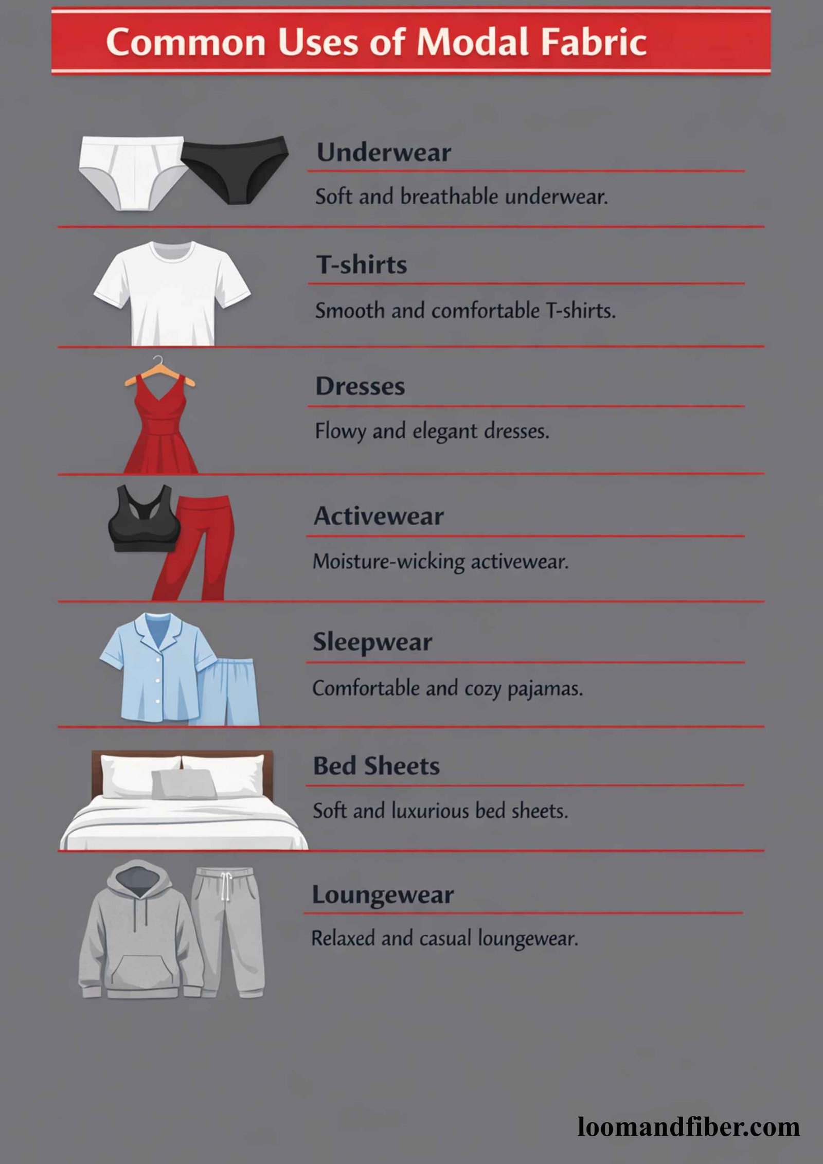 Infographic showing common uses of modal fabric in clothing and bedding
