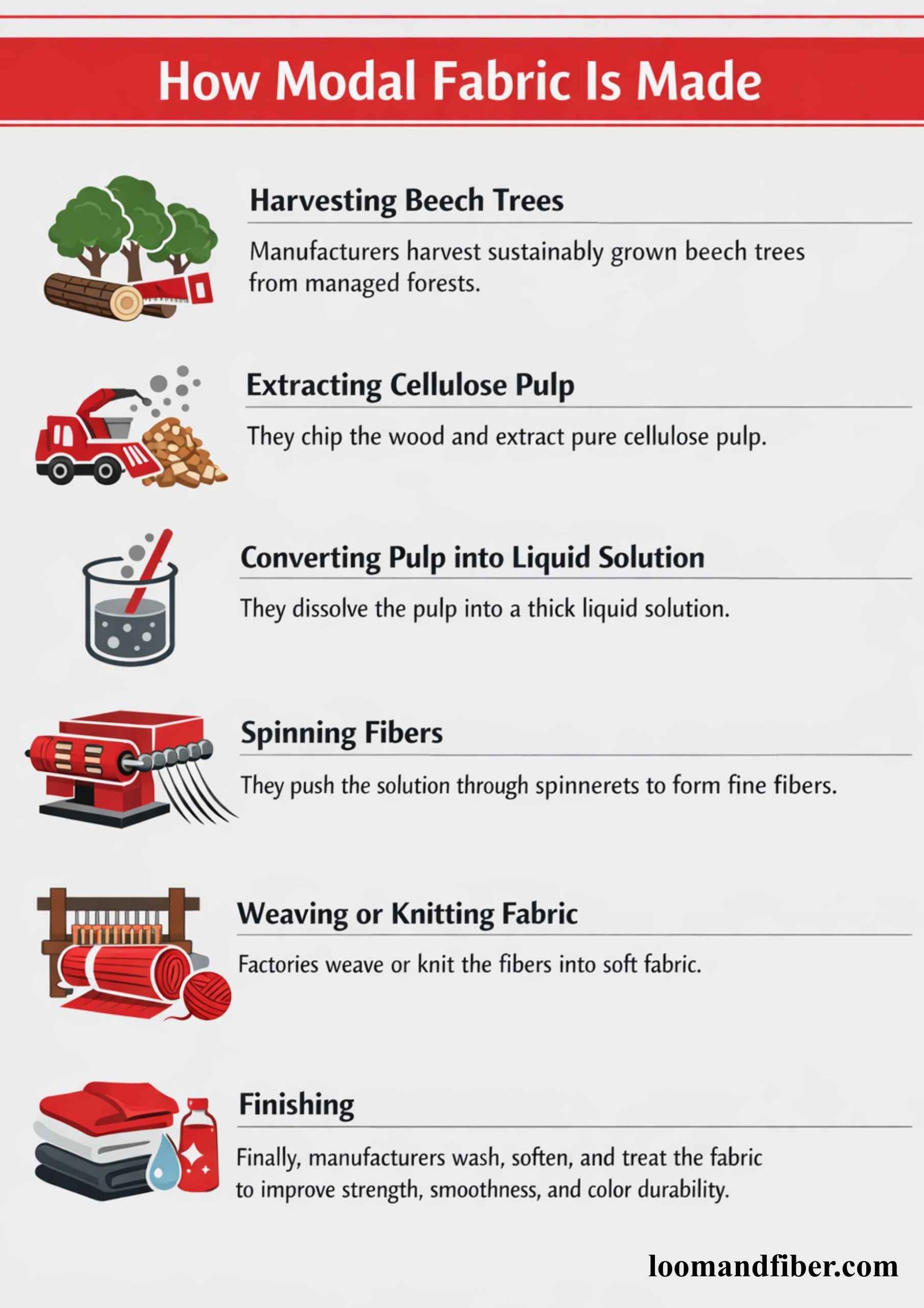 Infographic showing step-by-step process of how modal fabric is made.