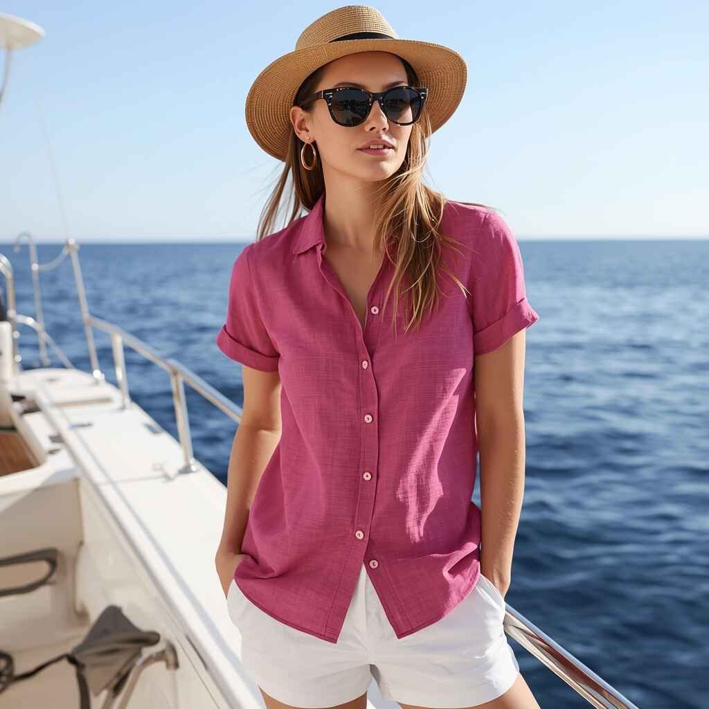 Coastal outfit with raspberry clothing combination