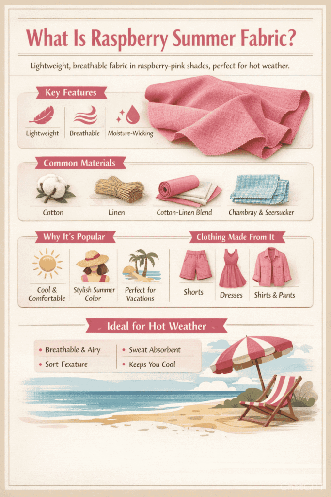 What is raspberry summer fabric infographic showing breathable lightweight summer textile