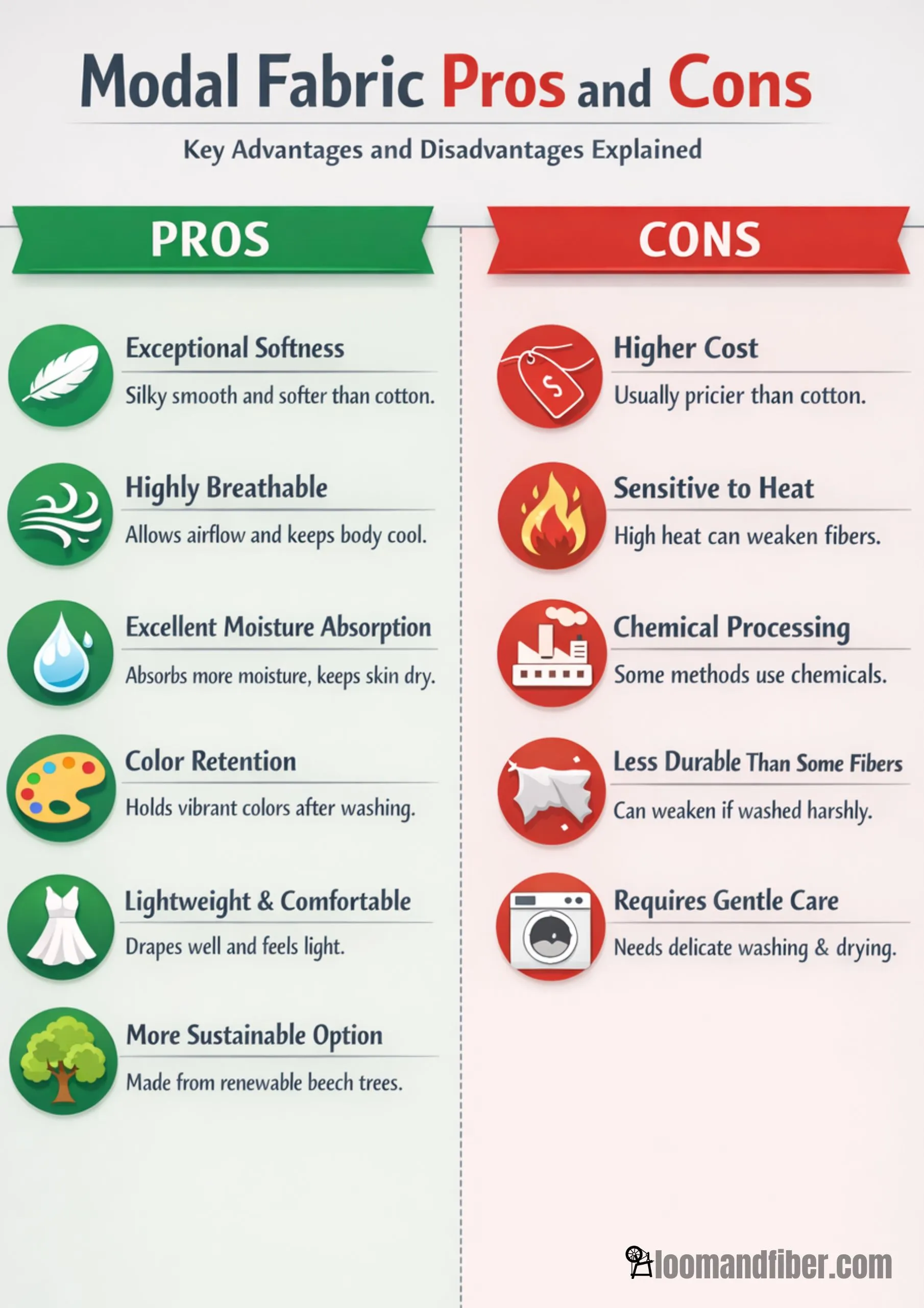 Modal fabric pros and cons infographic showing key advantages and disadvantages.