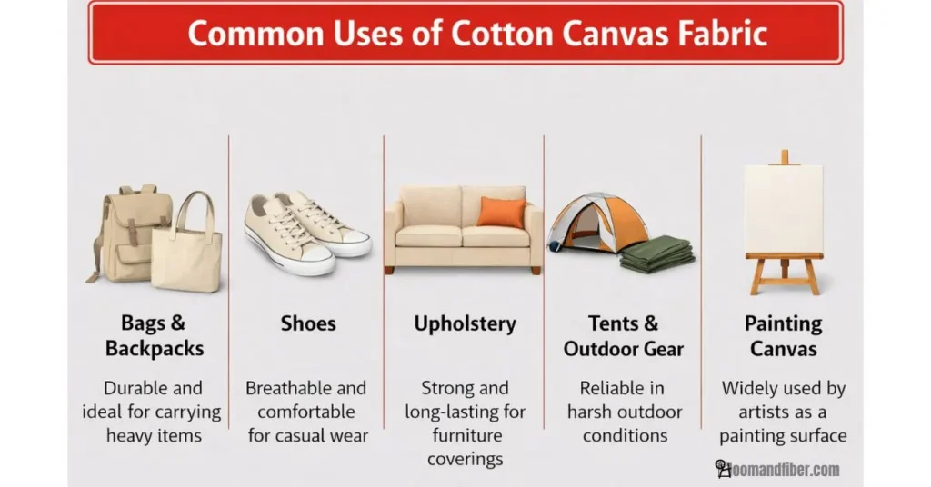 Common uses of cotton canvas fabric including bags, shoes, upholstery, tents, and painting canvas