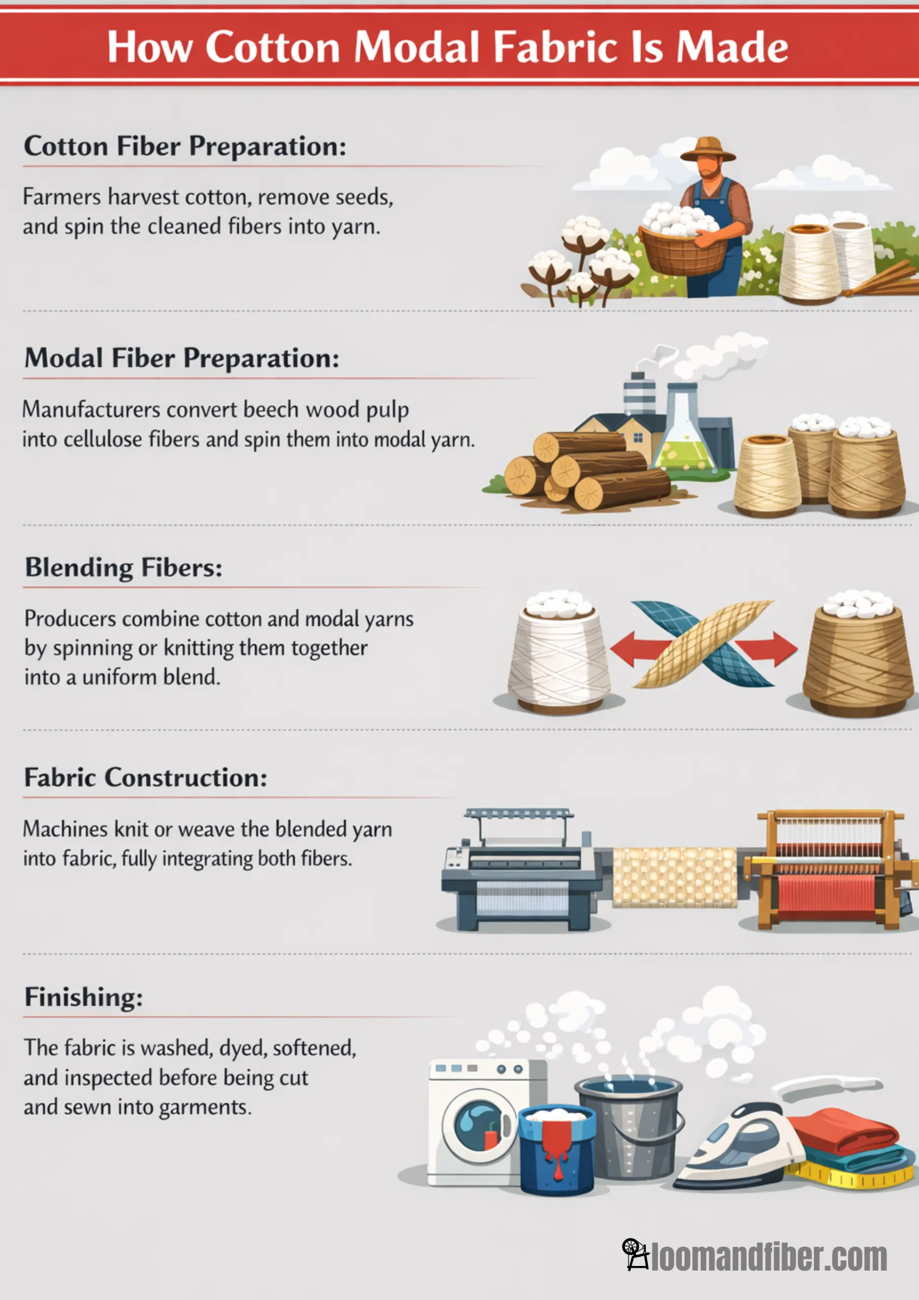 Infographic showing the step-by-step process of how cotton modal fabric is made, from fiber preparation to finishing.