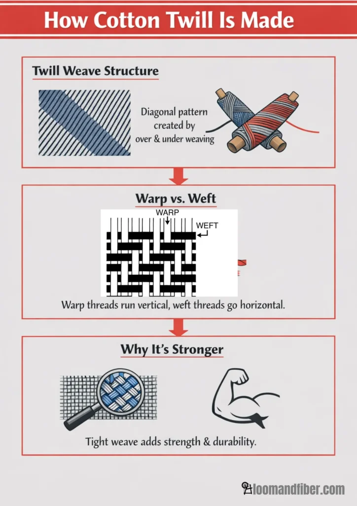 Infographic showing steps of how cotton twill fabric is made with diagonal weave structure
