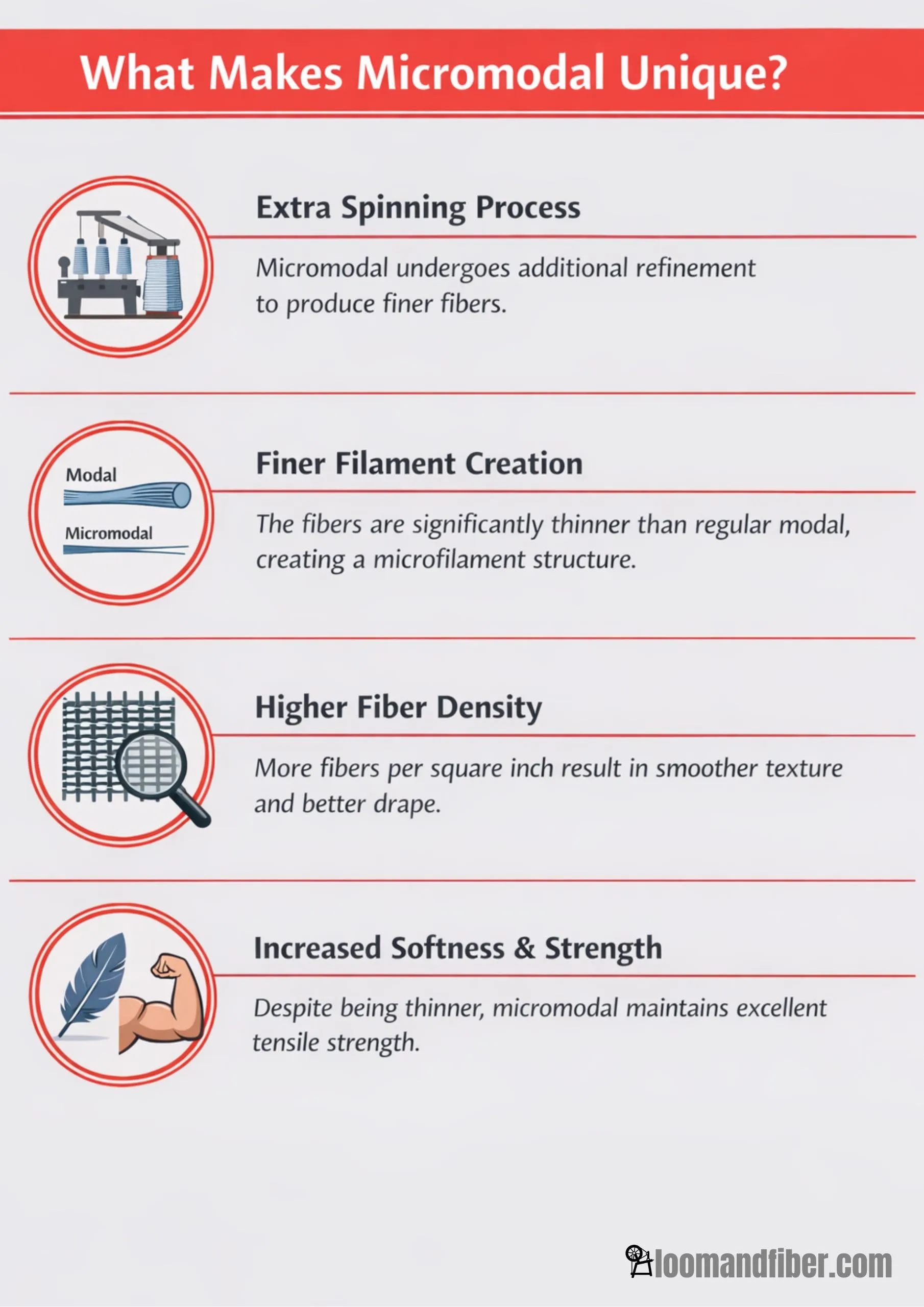  what makes micromodal unique, including extra spinning process, finer filaments, higher fiber density, and increased softness and strength