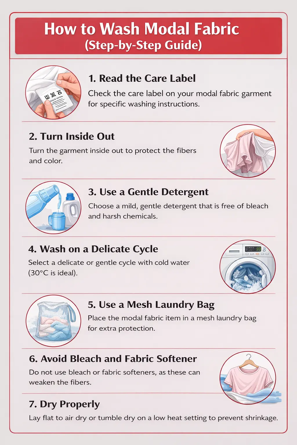 Step-by-step infographic on how to wash modal fabric properly