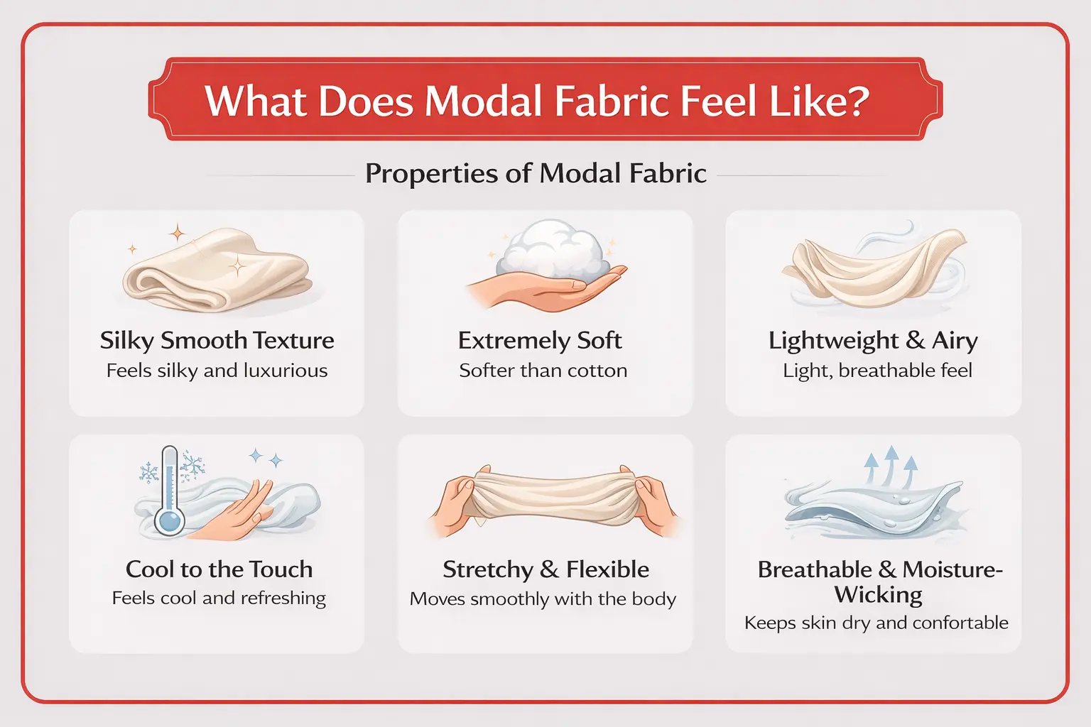 Infographic explaining what modal fabric feels like with properties like soft, silky, breathable, and lightweight.