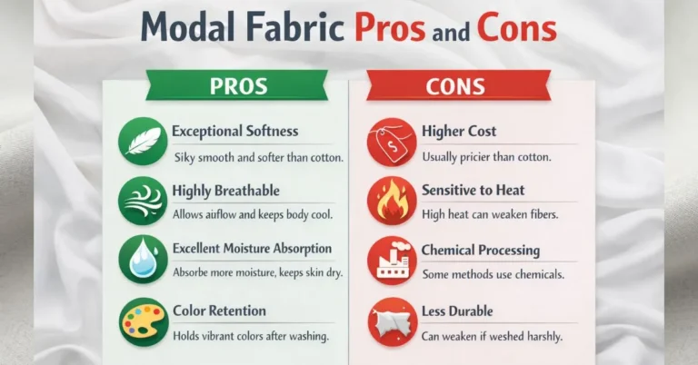 Modal fabric pros and cons infographic showing key advantages and disadvantages.