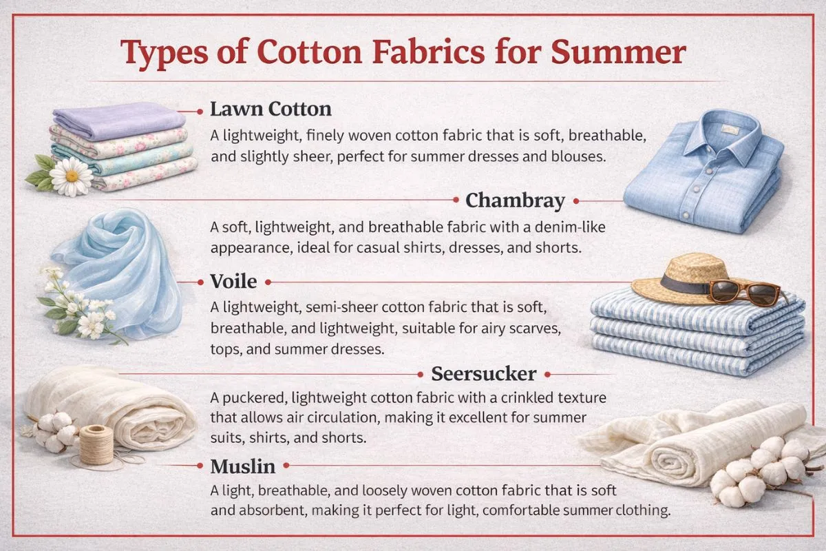 Types of cotton fabrics for summer infographic with descriptions and visuals