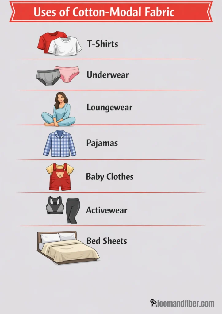 Infographic titled “Uses of Cotton-Modal Fabric” showing T-shirts, underwear, loungewear, pajamas, baby clothes, activewear, and bed sheets
