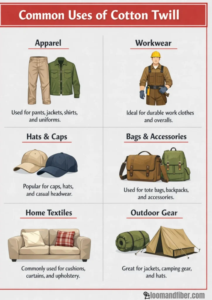 Infographic showing common uses of cotton twill fabric like apparel, workwear, and bags