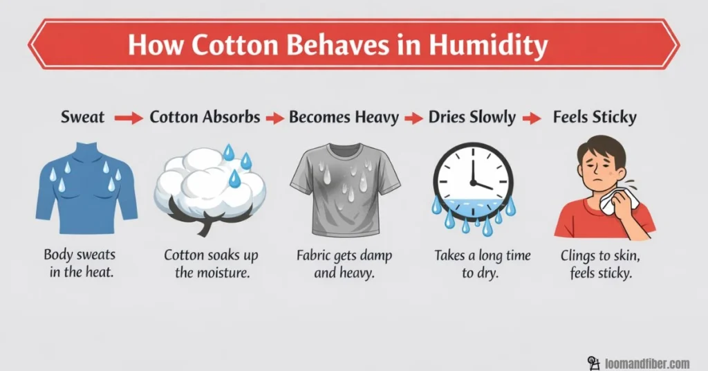 A flow-style infographic explaining how cotton reacts to humidity, from sweat absorption to slow drying and stickiness
