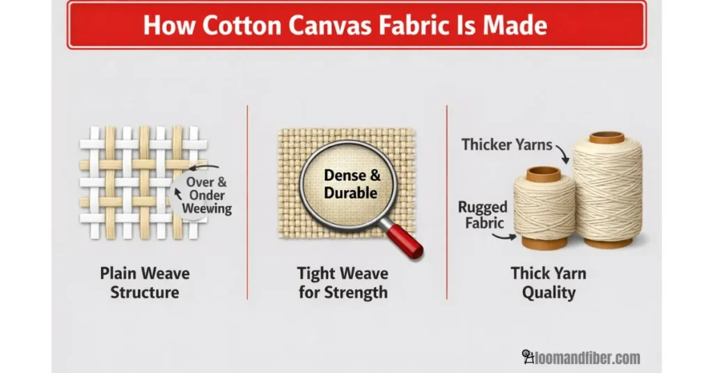 How cotton canvas fabric is made showing plain weave, tight weave, and thick yarn structure
