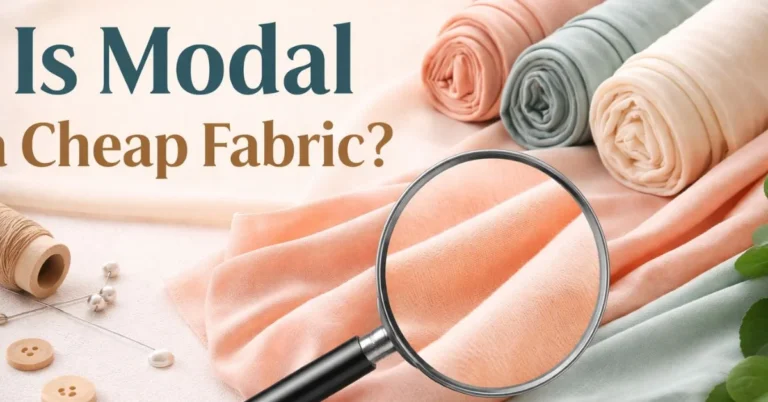 Banner showing soft modal fabric with magnifying glass and text “Is Modal a Cheap Fabric?”