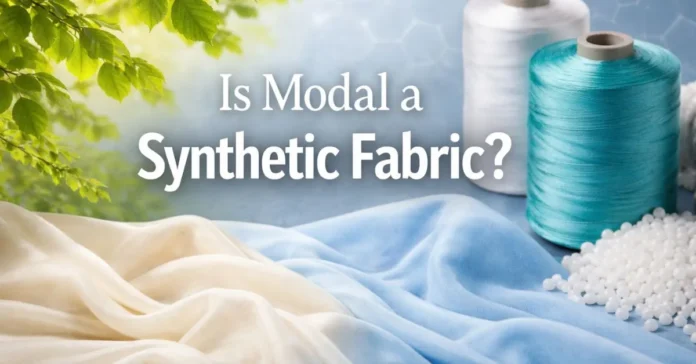 Soft modal fabric with thread spools and text asking “Is Modal a Synthetic Fabric?”