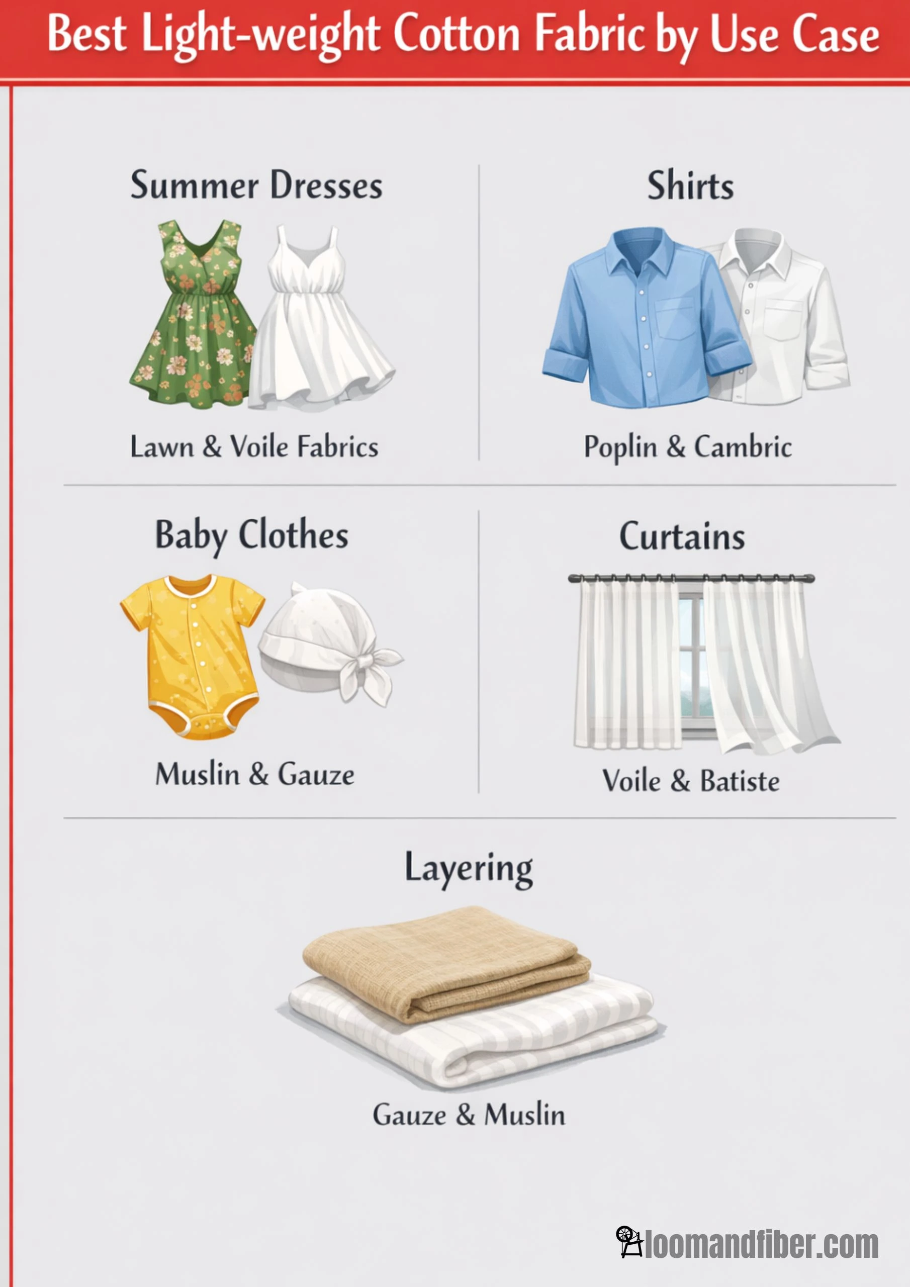 Infographic showing best lightweight cotton fabrics by use case, including dresses, shirts, baby clothes, curtains, and layering.