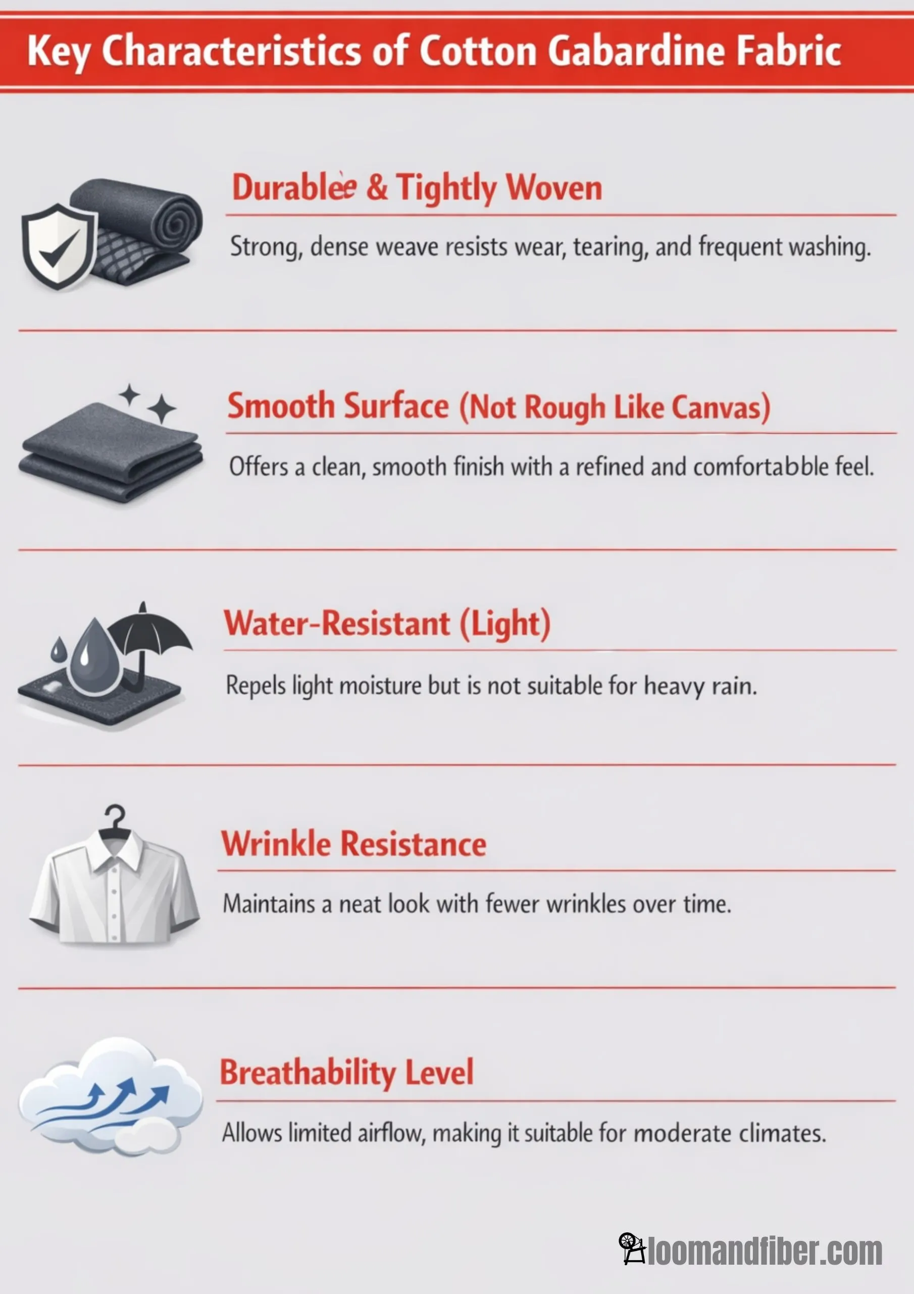 Infographic showing key characteristics of cotton gabardine fabric with icons