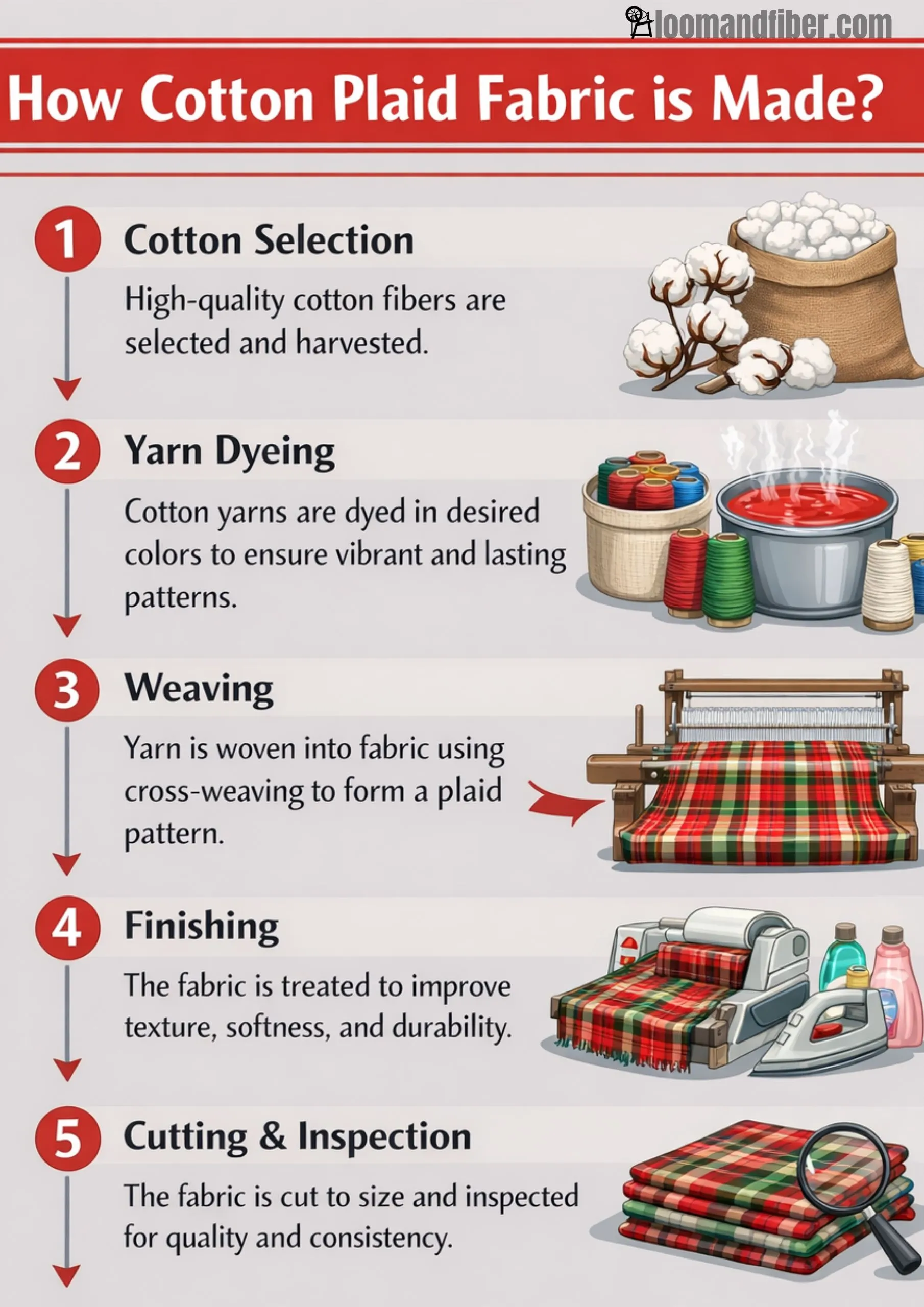 Infographic explaining how cotton plaid fabric is made in five steps from cotton selection to finishing