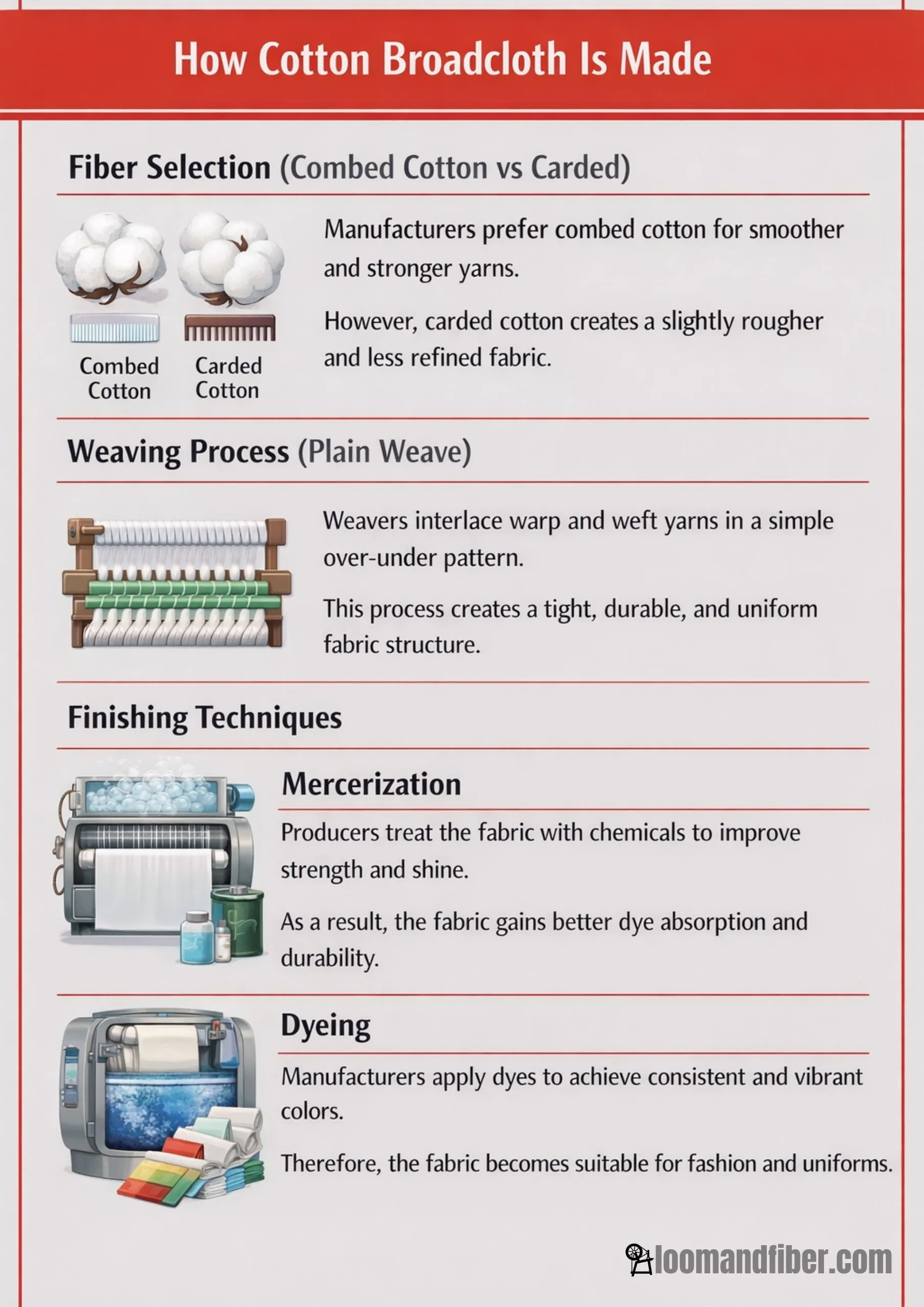 Infographic explaining how cotton broadcloth fabric is made from fiber selection to finishing