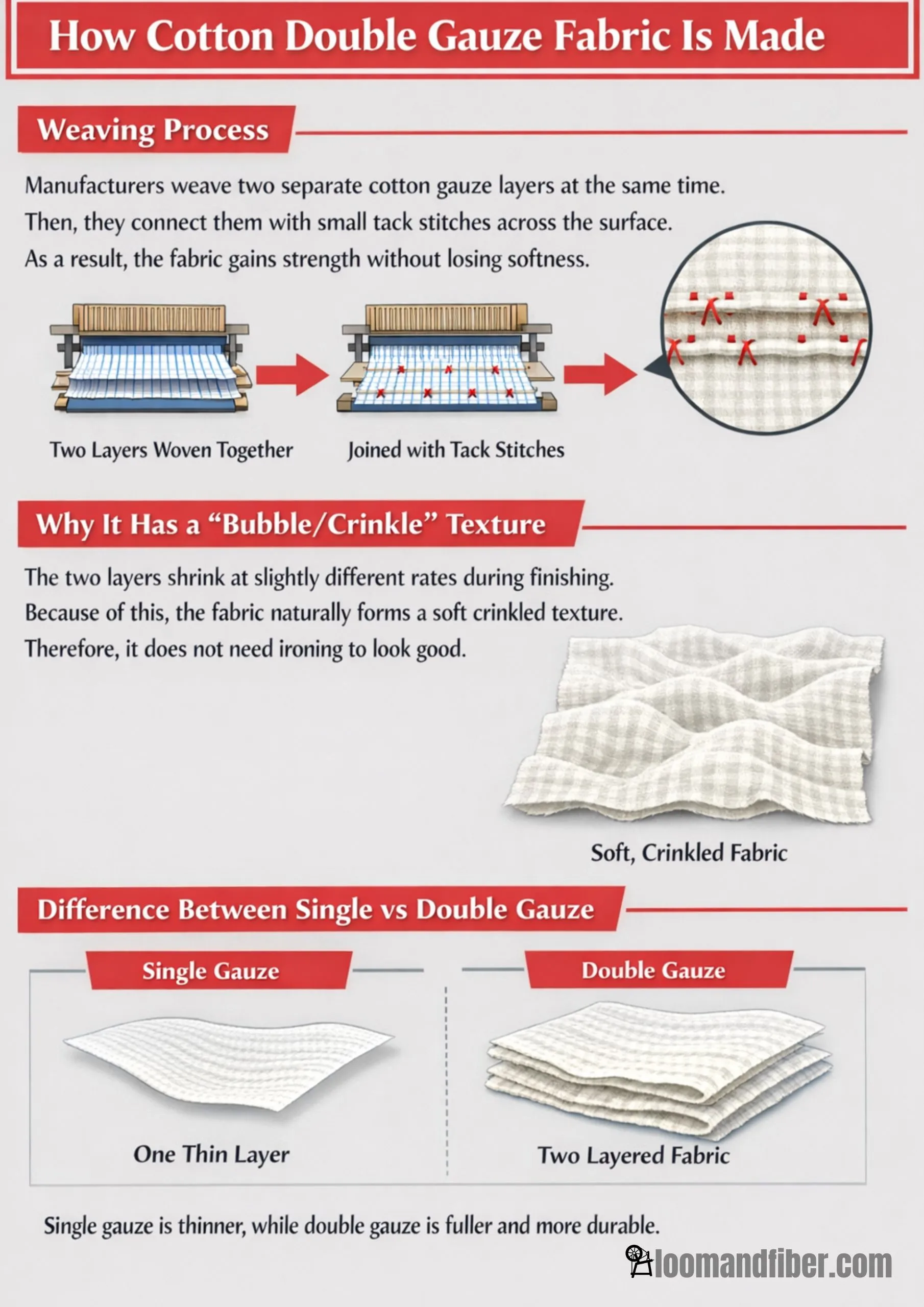 Infographic showing how cotton double gauze fabric is made with weaving, texture, and layer comparison