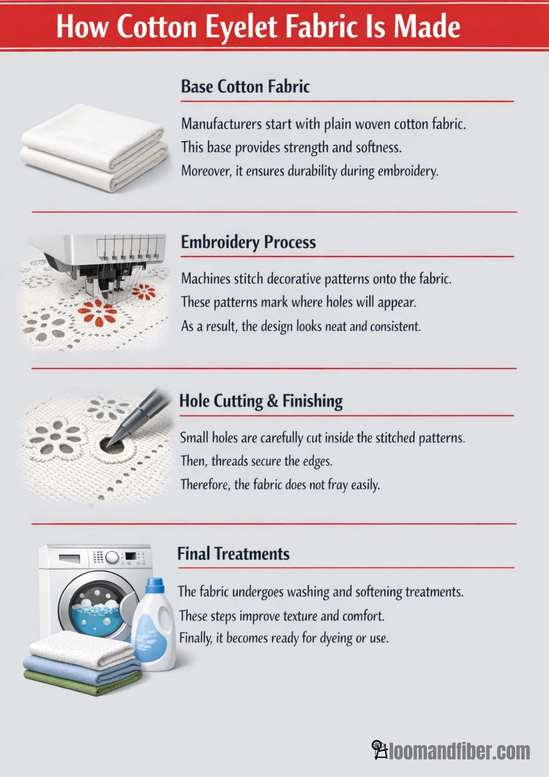Step-by-step infographic showing cotton eyelet fabric production from base cotton to final treatments