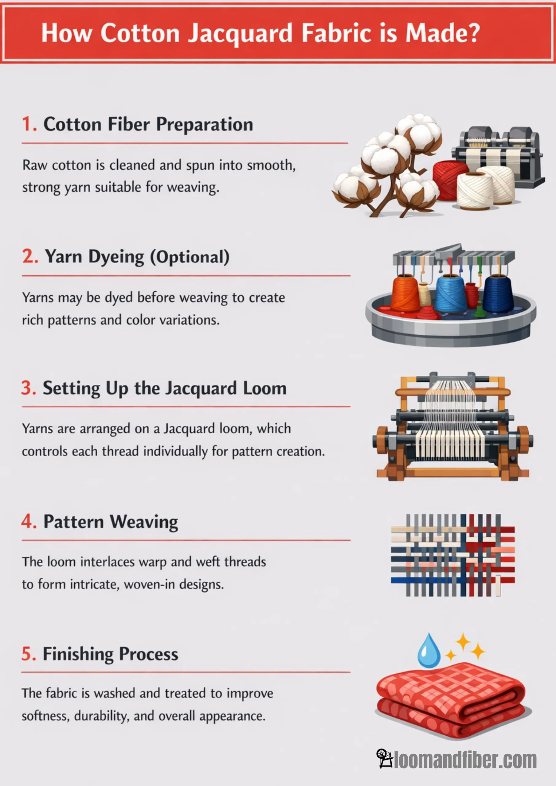Step-by-step infographic showing how cotton jacquard fabric is made from fiber preparation to finishing