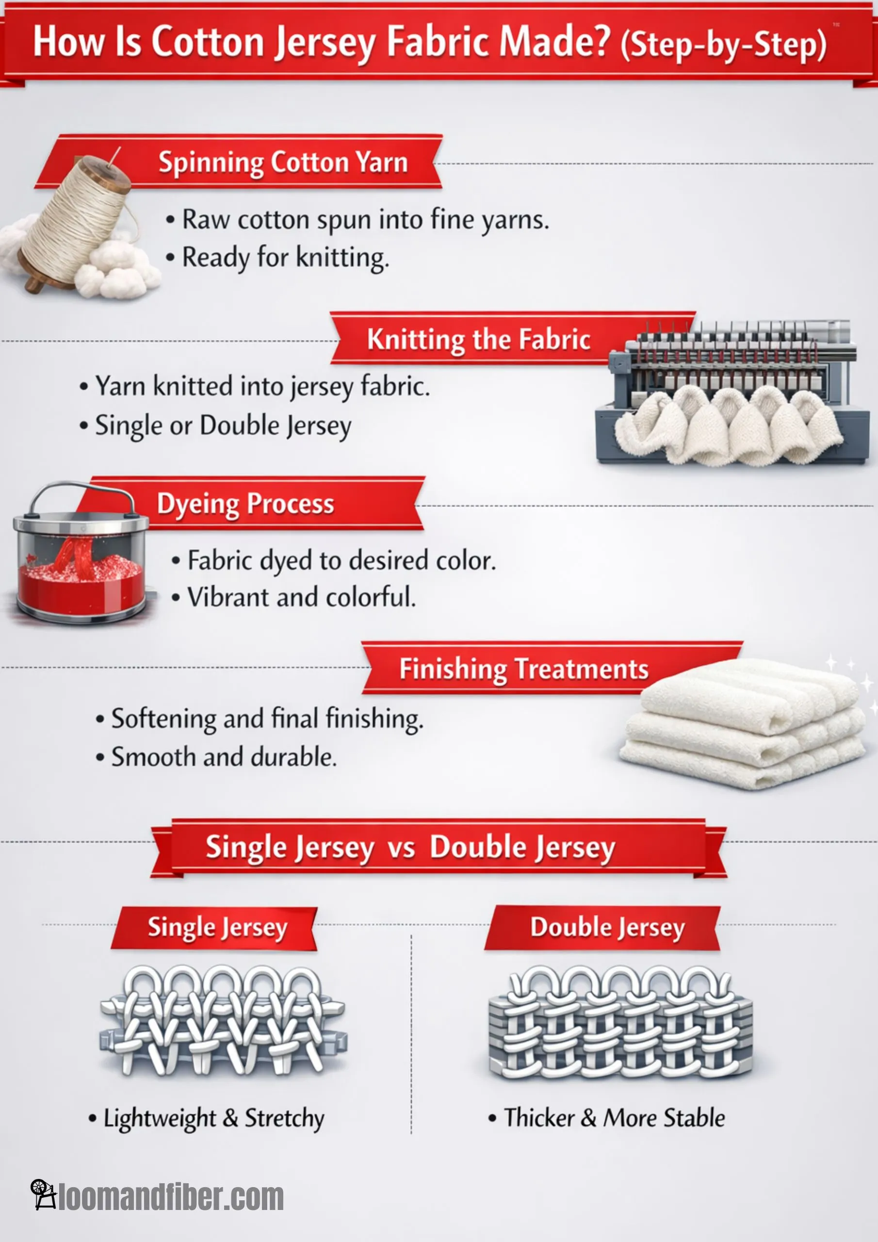 Step-by-step process of cotton jersey fabric production from spinning to finishing