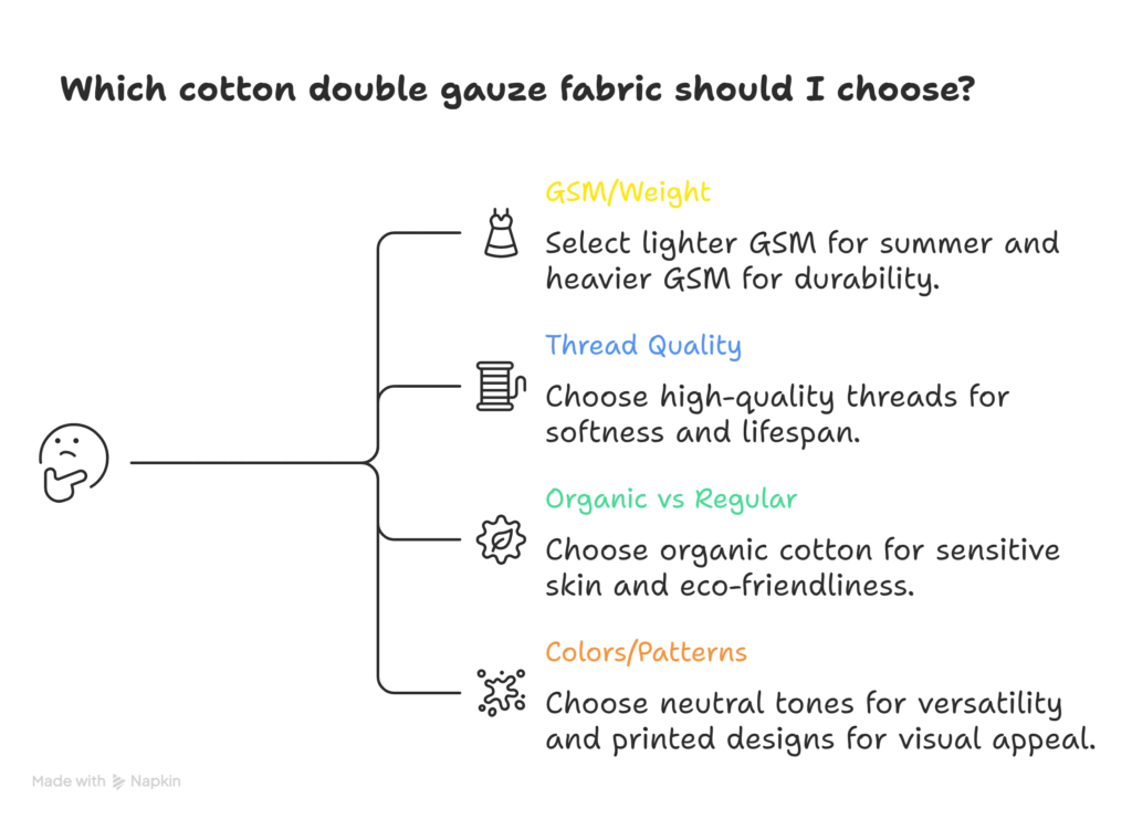 Guide infographic on choosing cotton double gauze fabric based on weight, thread quality, and patterns