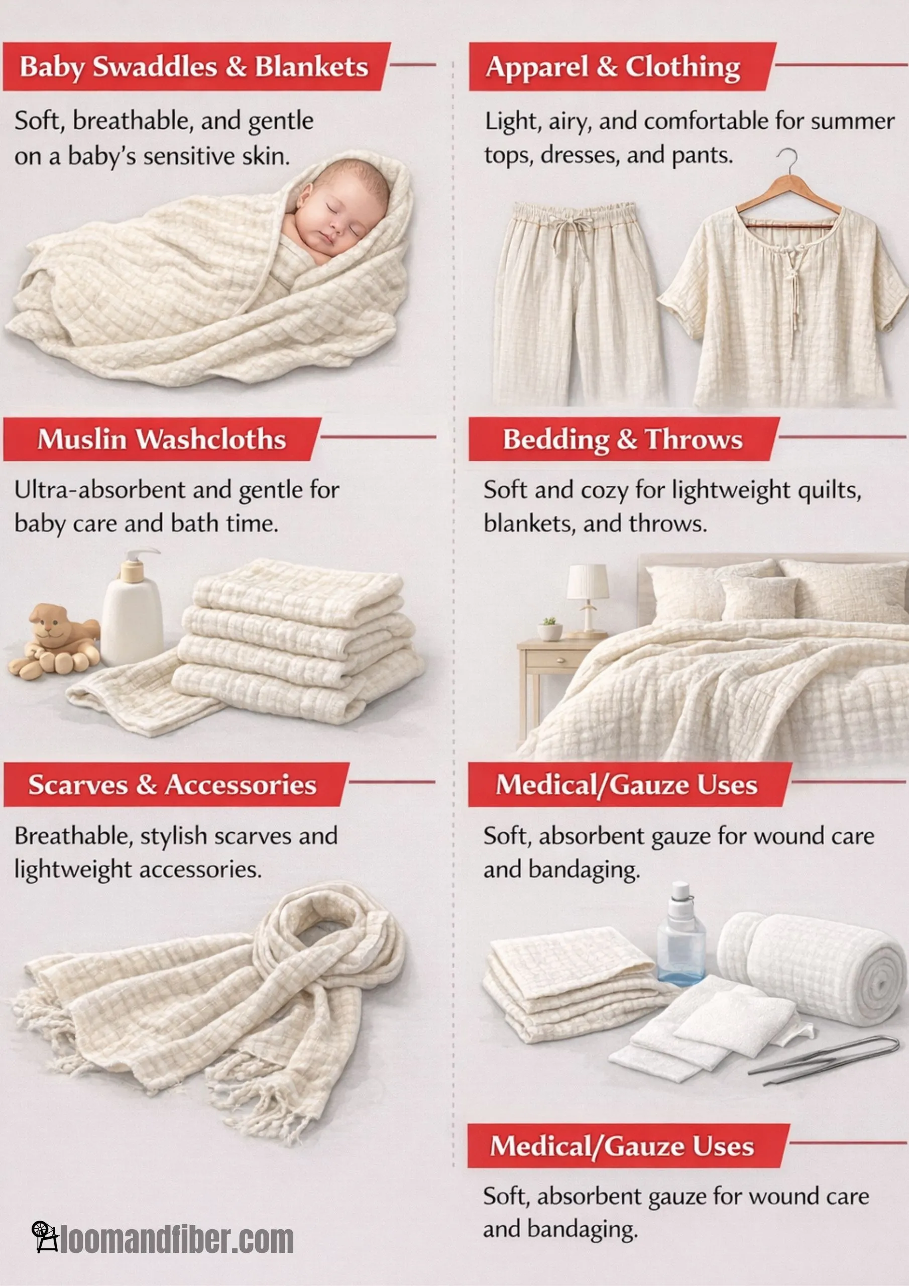 Infographic showing various uses of cotton double gauze fabric, including clothing, baby items, bedding, and medical applications